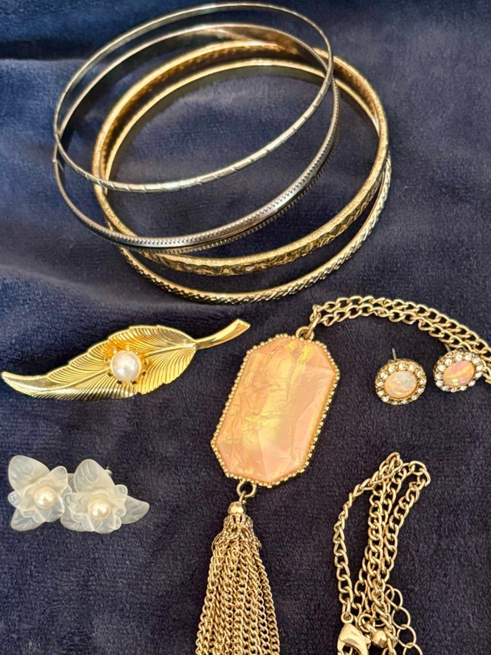 Gold Tone Jewelry Bundle | Faux Opal Set, Brooch, & Bangle Stack